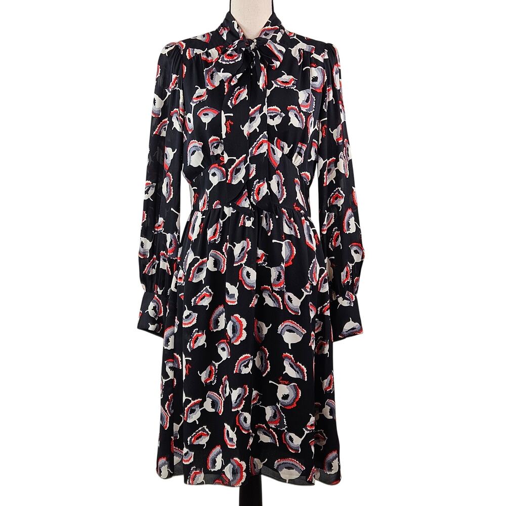 Milly Women's Poppy Floral Print Silk Black Red‎ Dress | FLAWS | 8